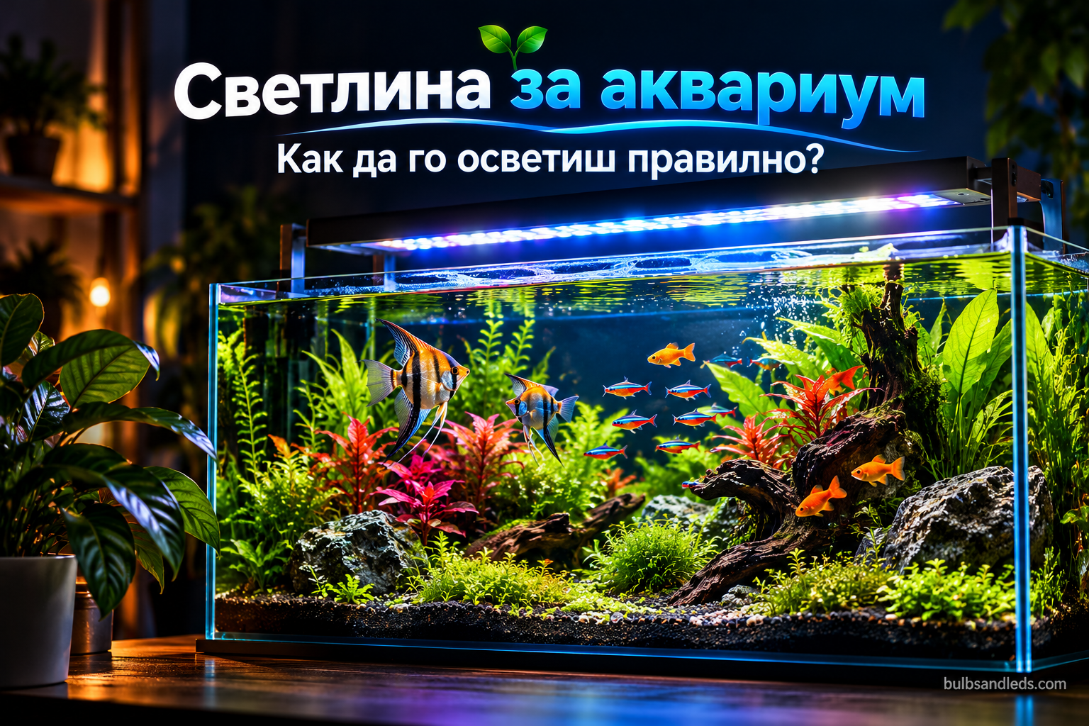 Аквариум с рибки и растения под LED осветление
