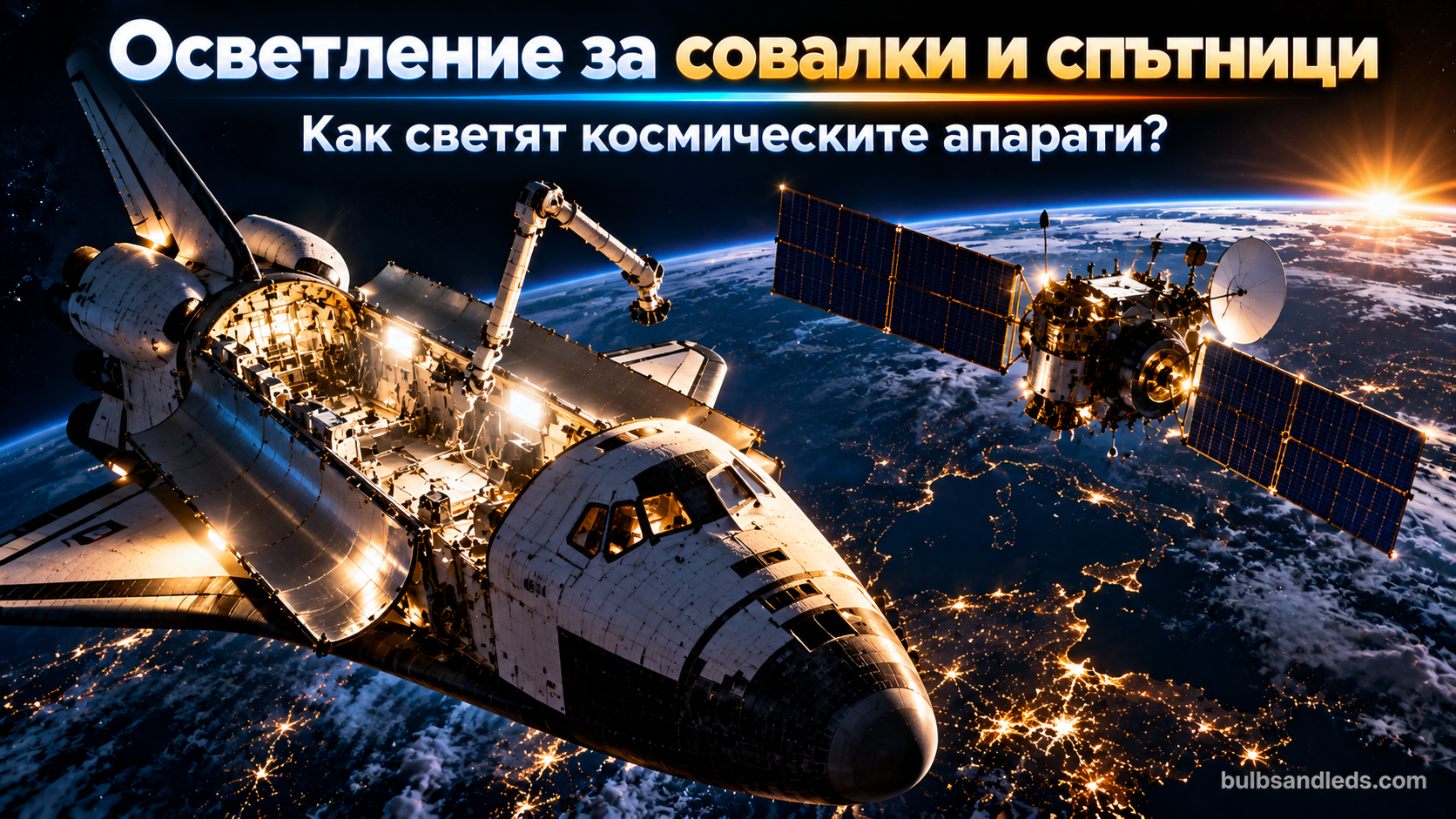 Космическа совалка в орбита с включени прожектори в товарния отсек и спътник на фона на Земята