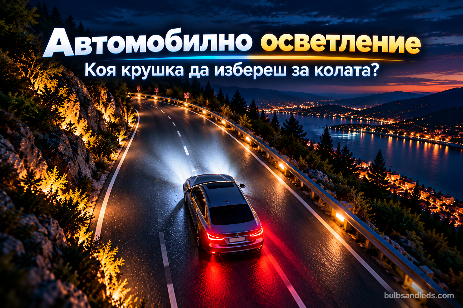 Автомобил вечер с включени светлини на фаровете, мигачите и габаритите на пътя