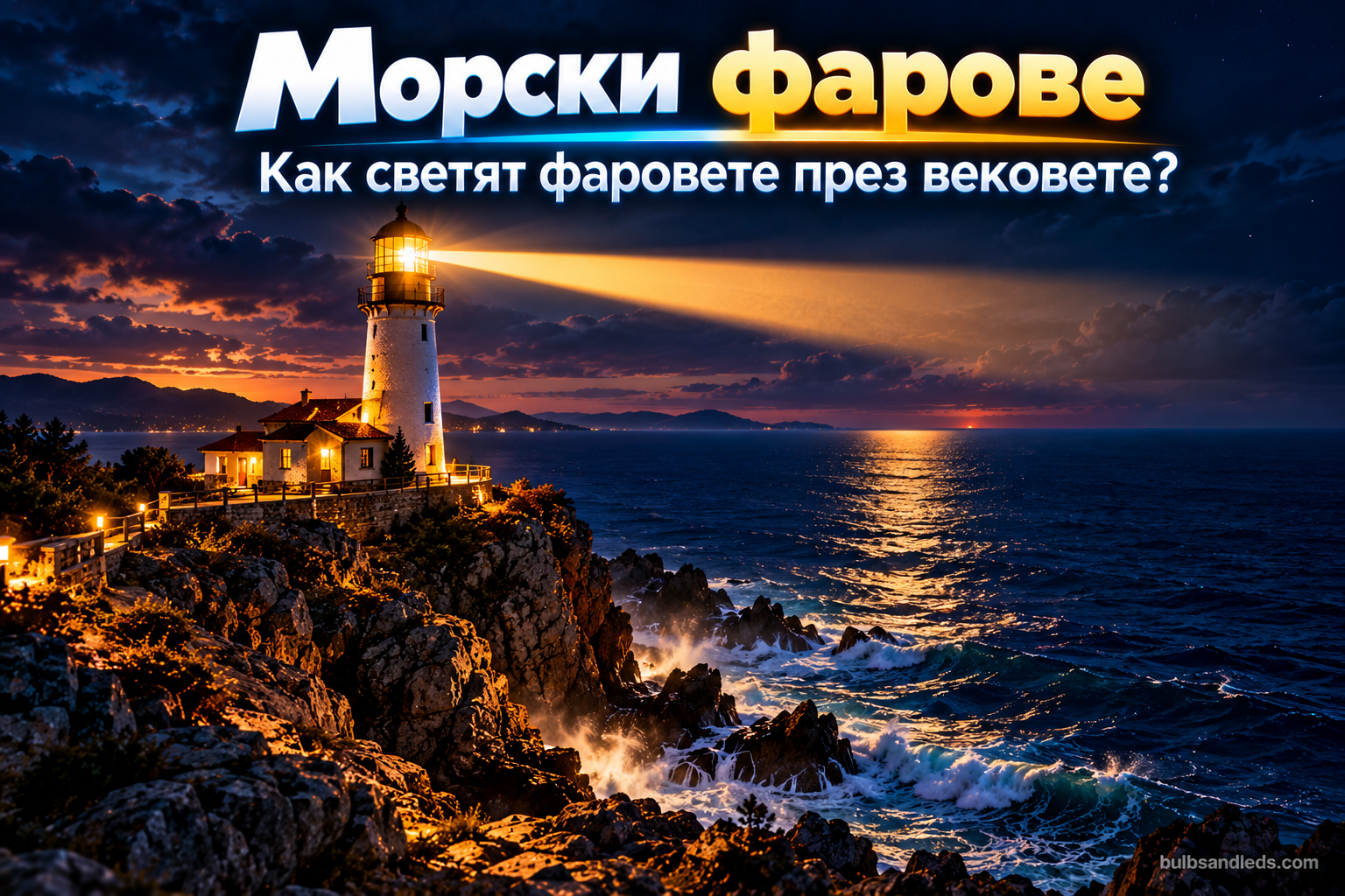 Морски фар на скалист нос вечер със светлинен лъч над морето