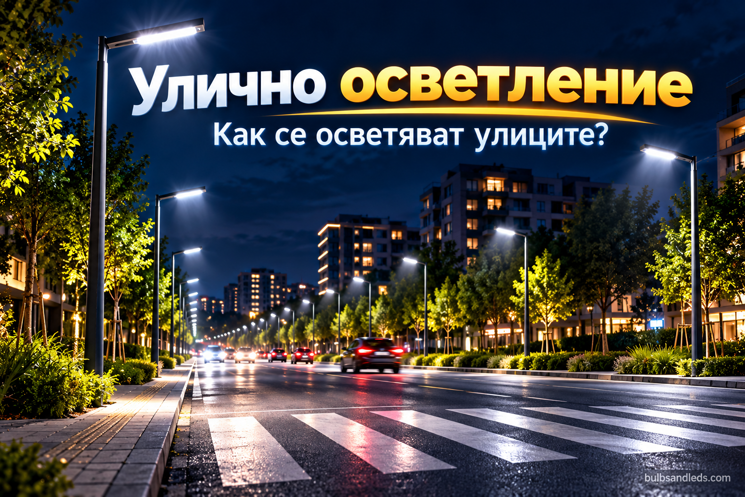 Улица вечер с LED улични лампи на стълбове и осветена пешеходна пътека