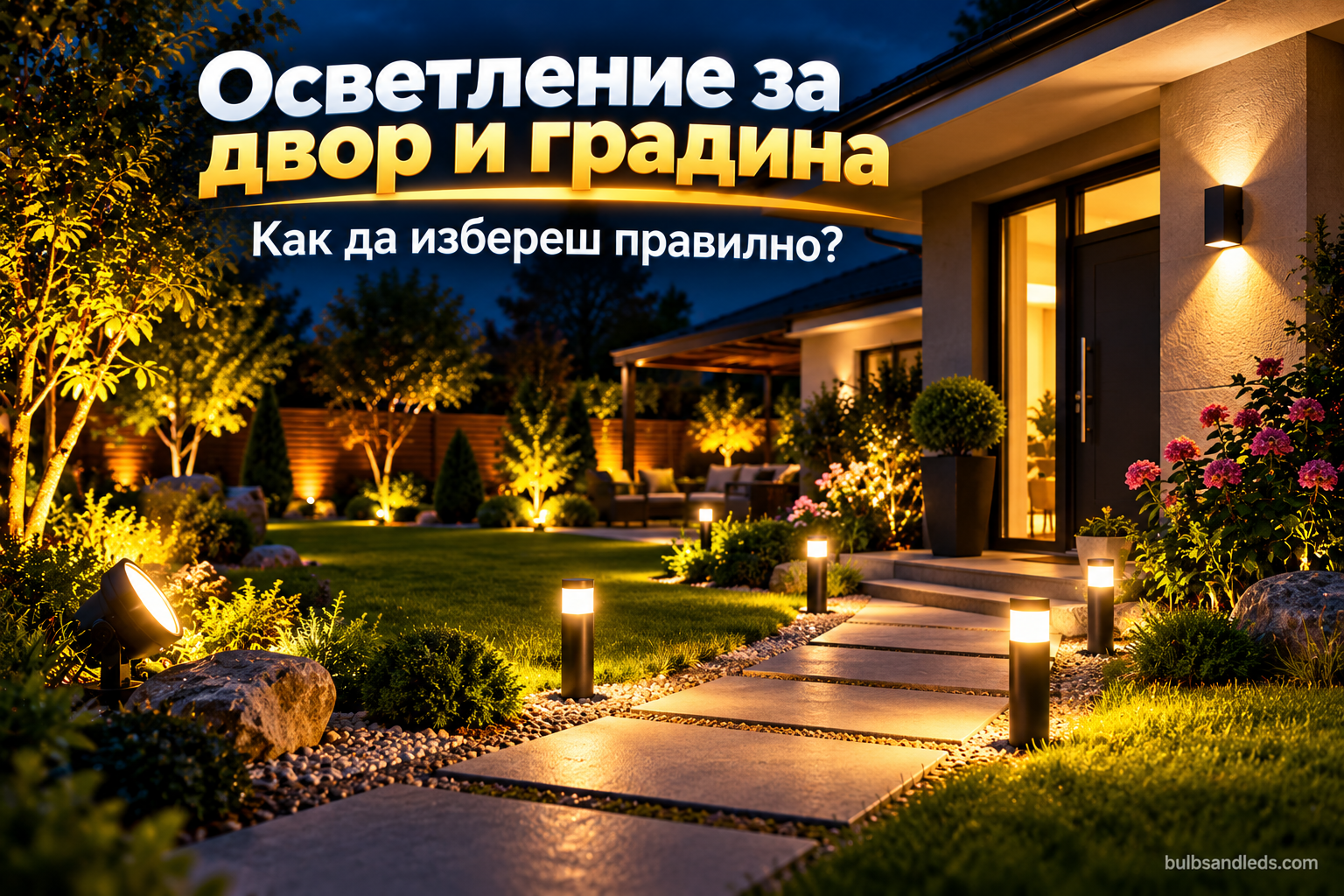 Осветен двор и градина с пътека, стенна лампа до входа и прожектор през нощта