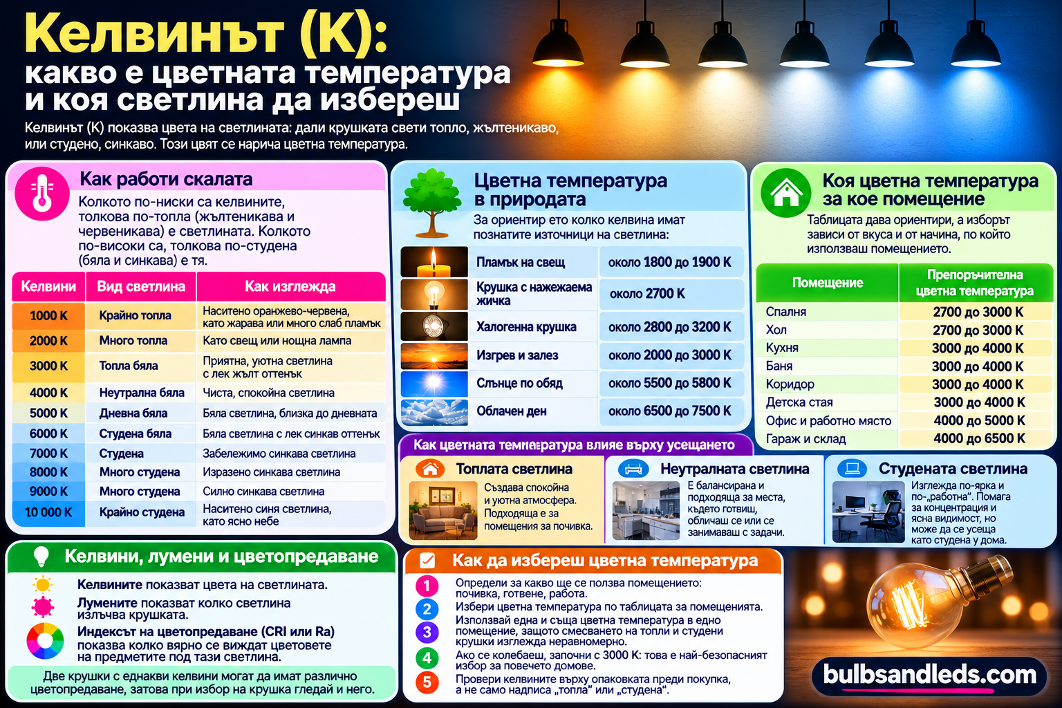 Скала на цветната температура от 1000 до 10 000 K: лампи със светлина от топла оранжева през неутрална бяла до студена синкава