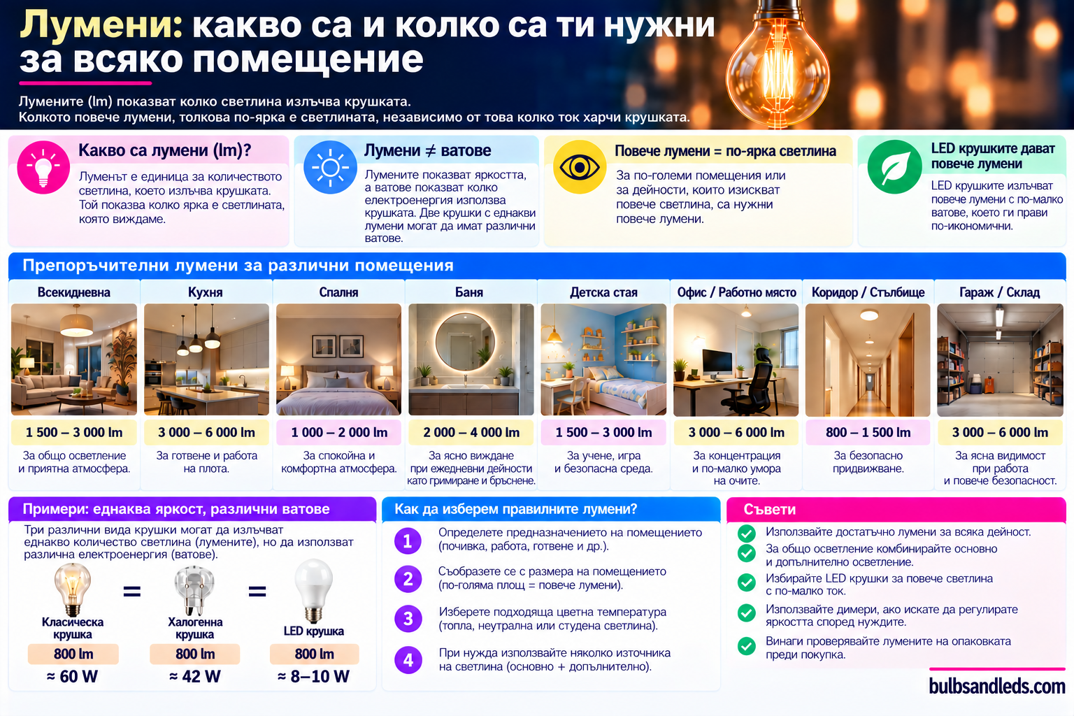 Лумени и осветление за всяко помещение: препоръчителни лумени за хол, кухня, спалня, баня, детска стая, офис, коридор и гараж, и сравнение на ватовете при еднаква светлина