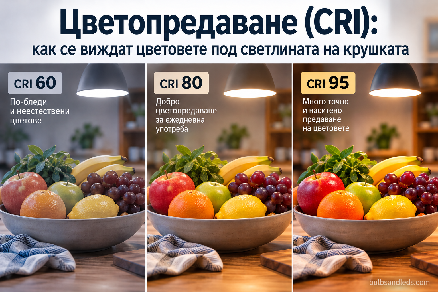 Цветопредаване (CRI): сравнение на едни и същи предмети и цветове под светлина с нисък и с висок индекс на цветопредаване