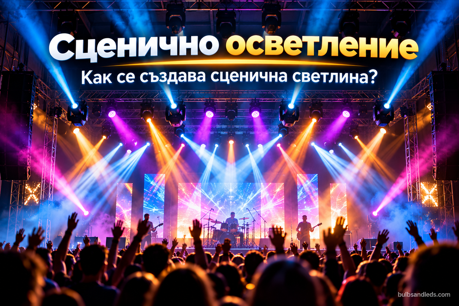 Сцена с цветни LED прожектори, движещи се глави и лъчи светлина над публиката
