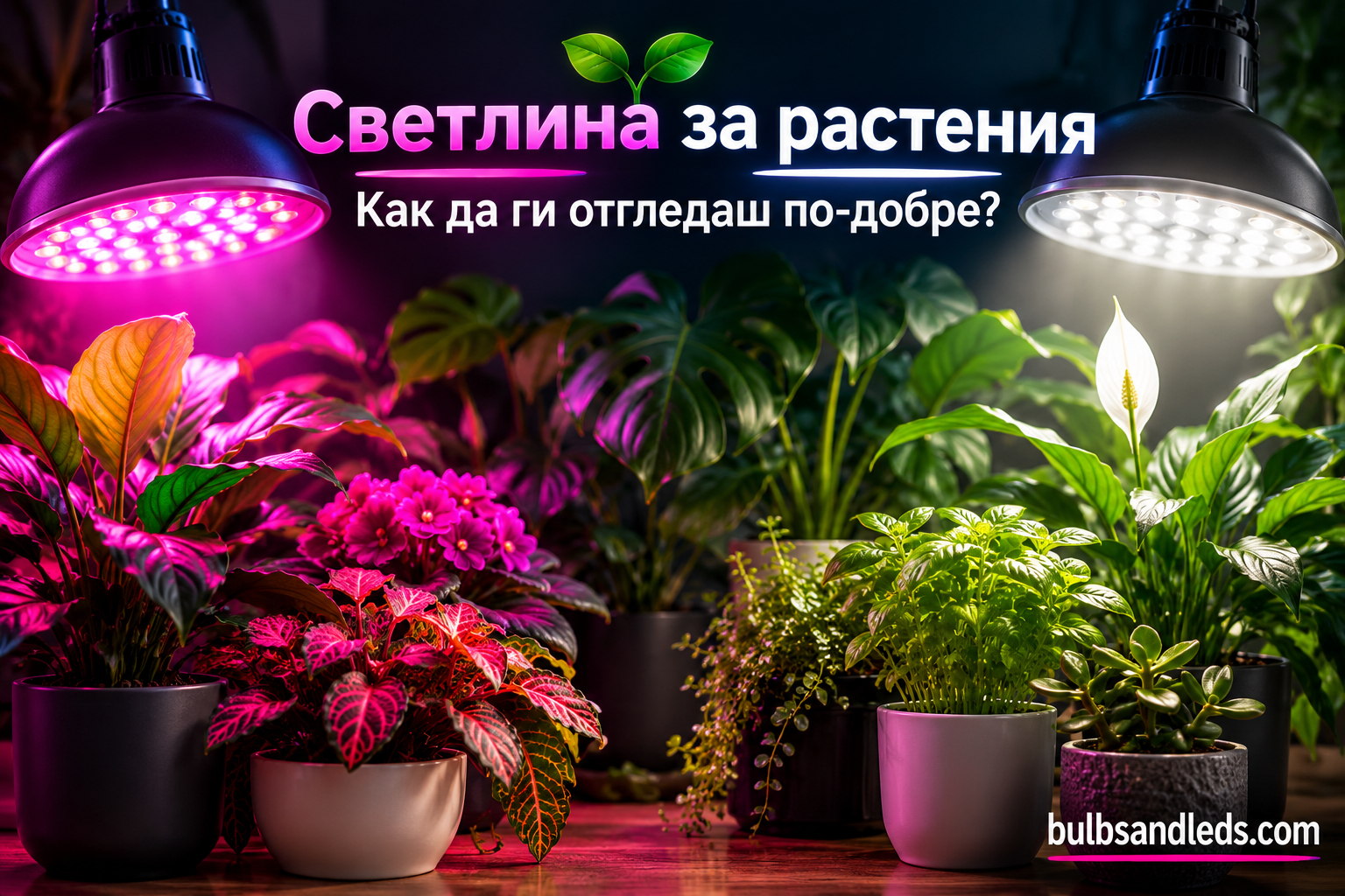 Стайни растения под LED лампа за растения със синя и червена светлина