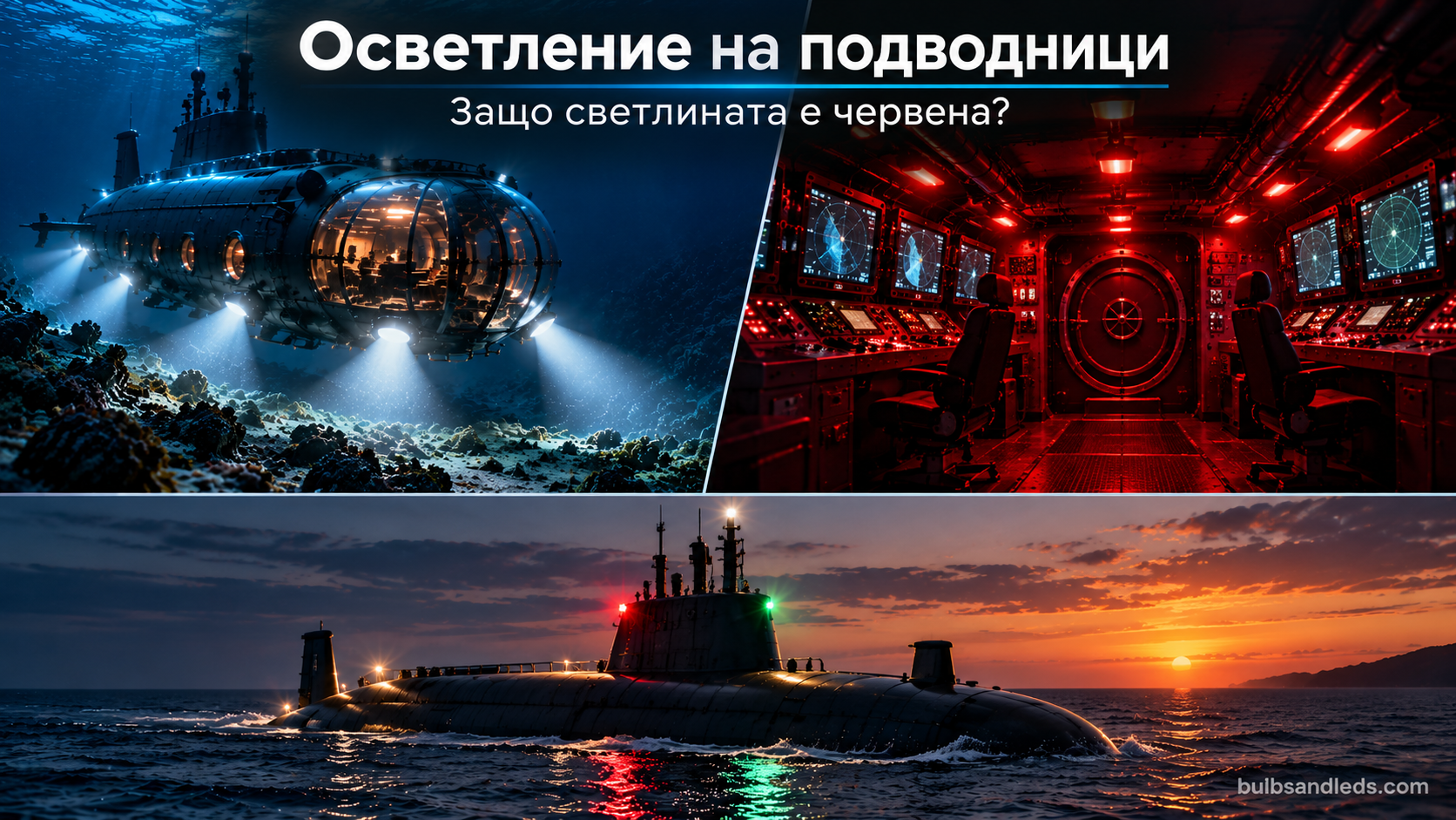 Осветление на подводници: изследователски апарат с външни светлини на морското дъно, червено осветление в командния пост и подводница на повърхността със странични светлини