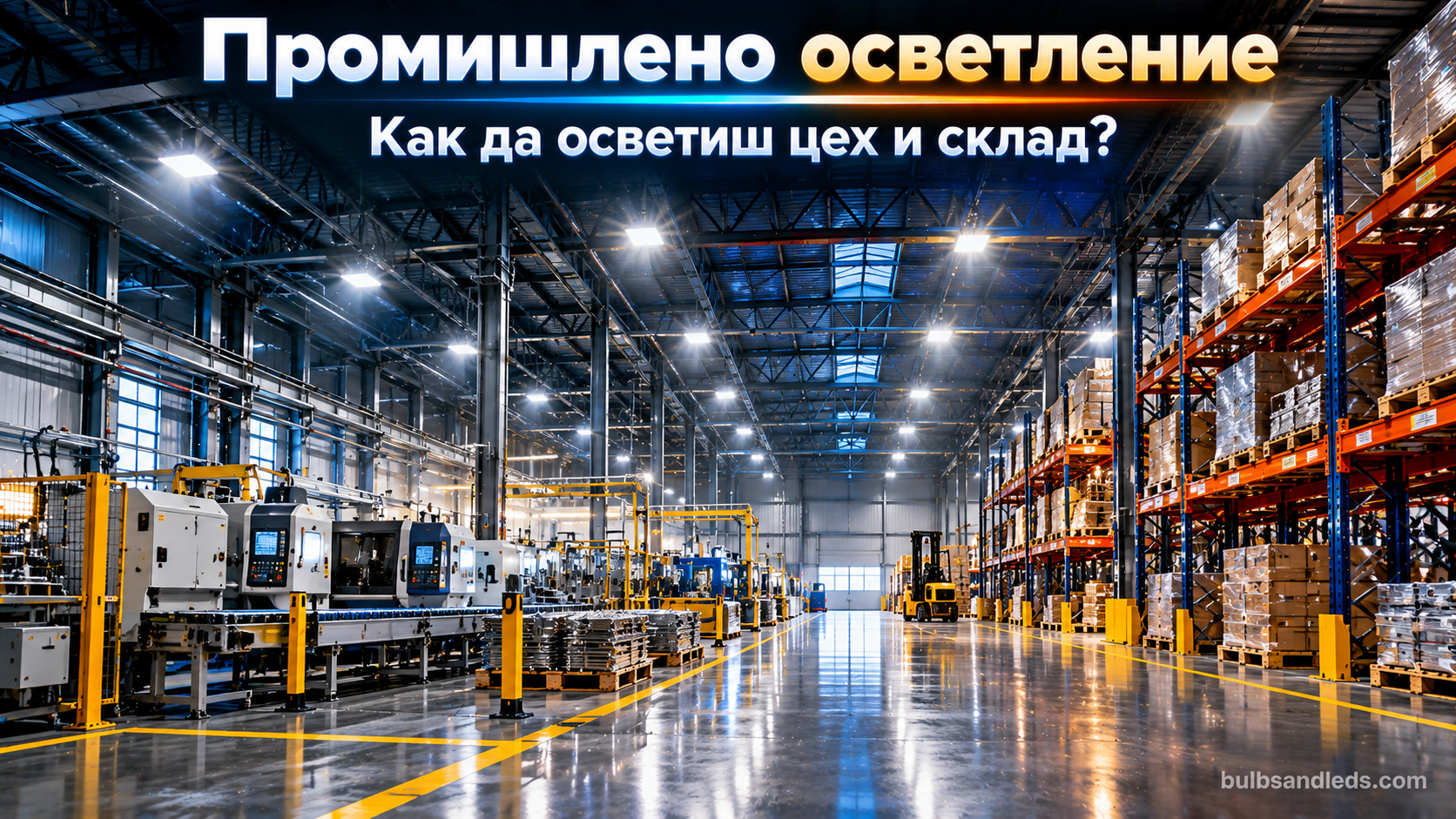 Голяма производствена зала със складови стелажи и LED осветление на високия таван