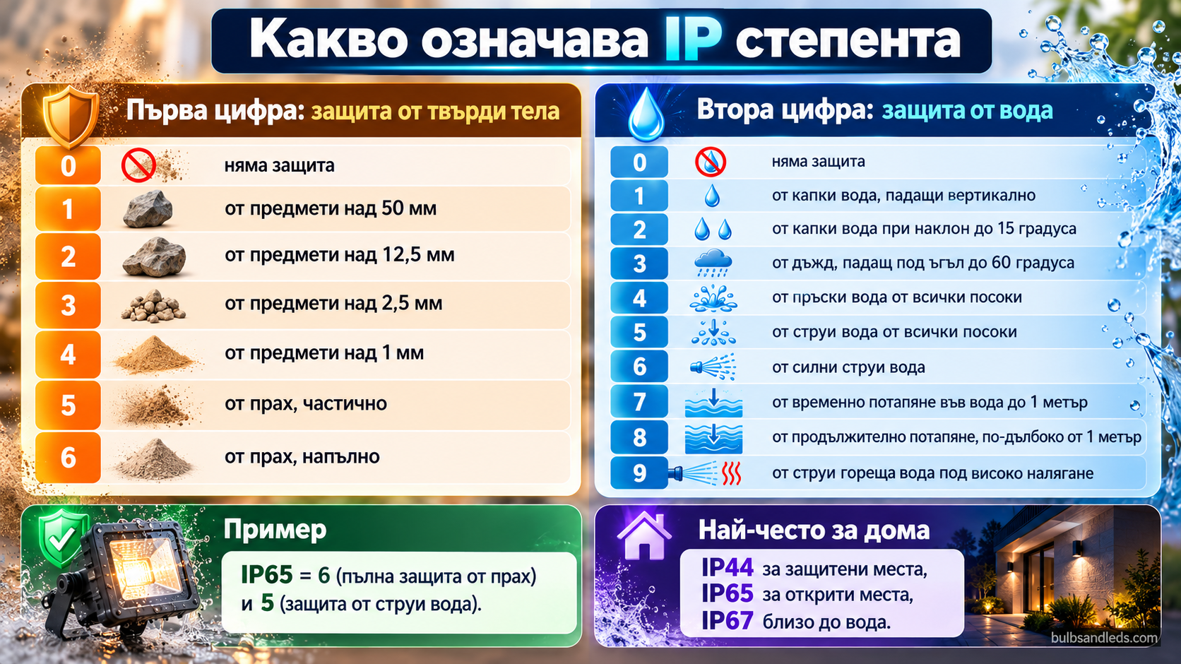 Лампа под дъжд и пръски вода с надпис IP65