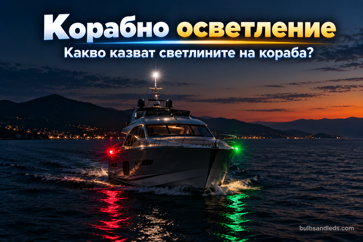 Яхта вечер в морето с червена и зелена навигационна светлина