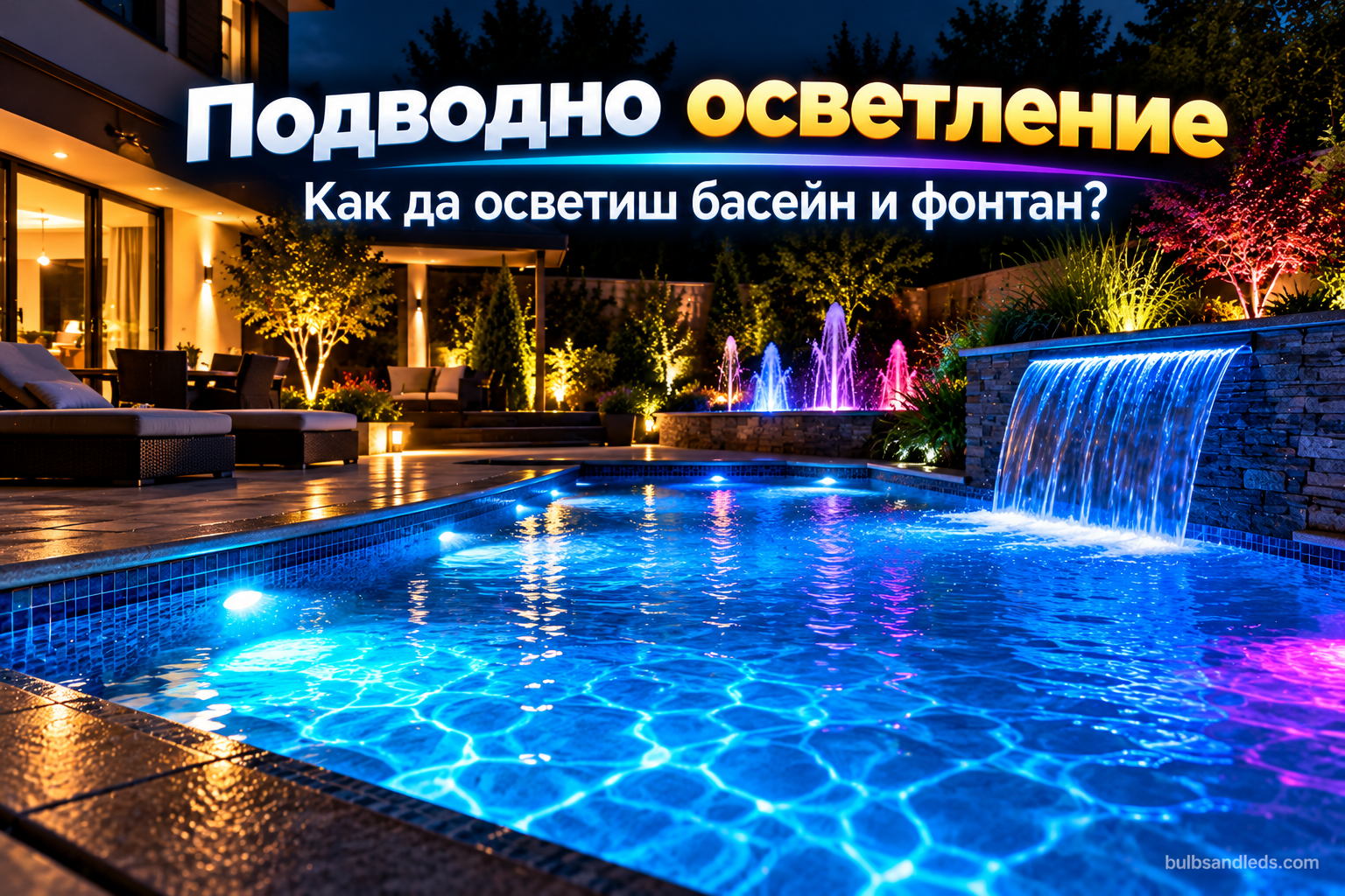 Осветен басейн вечер с цветни LED лампи под водата