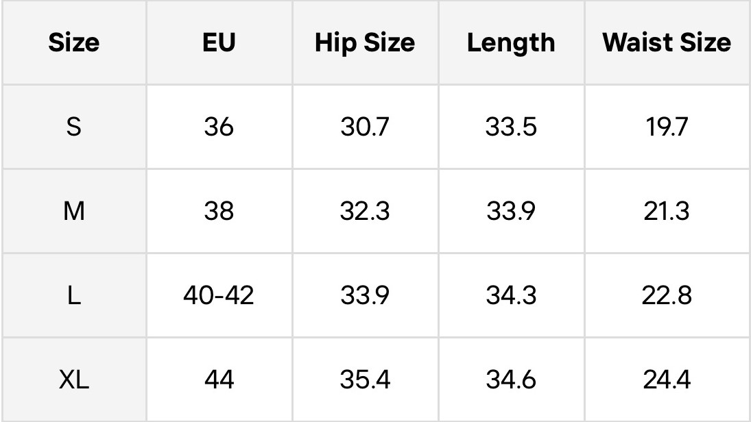 Таблица с размери