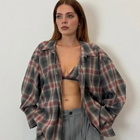 PLAID SHIRT & BRALETTE SET IN GREY & BURGUNDY