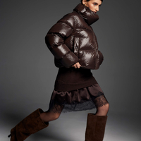 BROWN SHORT DOWN JACKET WITH ASYMMETRICAL COLLAR