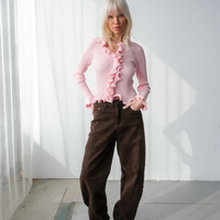 RUFFLE TRIM RIBBED CARDIGAN TOP