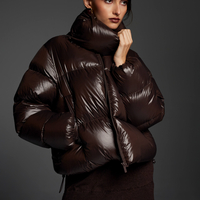 BROWN SHORT DOWN JACKET WITH ASYMMETRICAL COLLAR