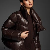 BROWN SHORT DOWN JACKET WITH ASYMMETRICAL COLLAR