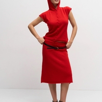 WOOL HOODED BUTTONED KNIT TOP IN RED