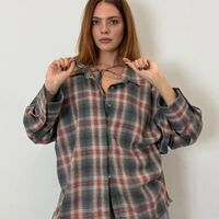 PLAID SHIRT & BRALETTE SET IN GREY & BURGUNDY