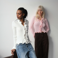 RUFFLE TRIM RIBBED CARDIGAN TOP