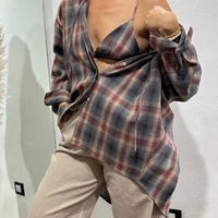 PLAID SHIRT & BRALETTE SET IN GREY & BURGUNDY