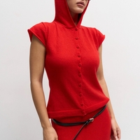 WOOL HOODED BUTTONED KNIT TOP IN RED