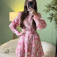 Дамски ефирен комплект с розов  флорален принт и колан