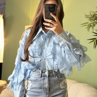 Дамска синя елегантна риза с ефирни волани