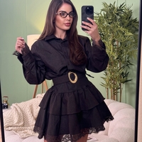 Елегантна кафява  дамска рокля с колан и дантелени детайли