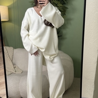 Дамски плетен комплект Cozy Vibe (пуловер + панталон)-бяло