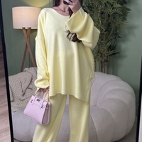 Дамски плетен комплект Cozy Vibe (пуловер + панталон)-жълто