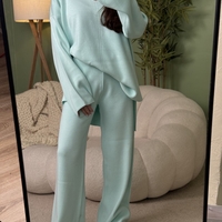 Дамски плетен комплект Cozy Vibe (пуловер + панталон)-синьо