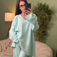 Дамски плетен комплект Cozy Vibe (пуловер + панталон)-синьо