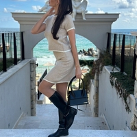 Комплект с пола и блуза с контрастен кант в бежово