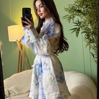 Дамски ефирен комплект със син  флорален принт и колан