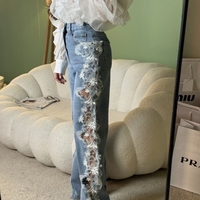 Дамски дънки с дантелена апликация и висока талия