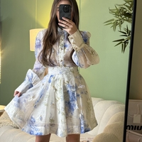 Дамски ефирен комплект със син  флорален принт и колан