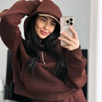 Дамски спортен комплект с цип и качулка (суитшърт + панталон)-кафяв