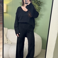 Дамски плетен комплект Cozy Vibe (пуловер + панталон)-черно