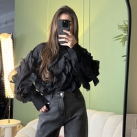 Дамска черна елегантна риза с ефирни волани