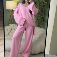 Дамски плетен комплект Cozy Vibe (пуловер + панталон)-розово