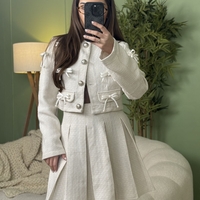 Дамски елегантен комплект сако и плисирана пола-екрю