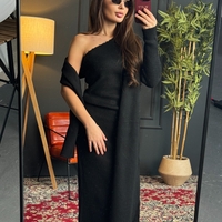 Плетена рокля с асиметрично рамо и шал-черно