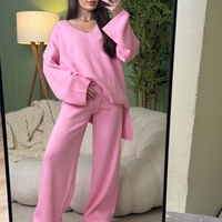 Дамски плетен комплект Cozy Vibe (пуловер + панталон)-розово