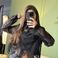 Дамска елегантна черна  дантелена риза с релефен ефект