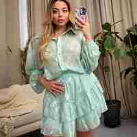 Дамски комплект блуза и пола/панталон с волани- мента