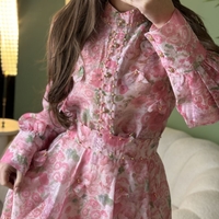 Дамски ефирен комплект с розов  флорален принт и колан