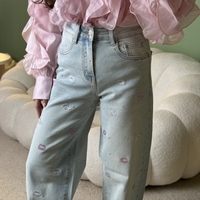 Дамски дънки с декоративен принт и висока талия,, Kiss