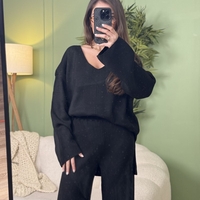 Дамски плетен комплект Cozy Vibe (пуловер + панталон)-черно